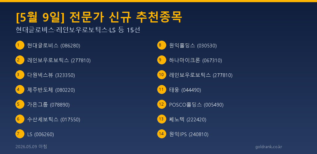 2026년 5월 9일 TV방송 전문가 신규 추천종목 15선 현대글로비스 레인보우로보틱스 LS