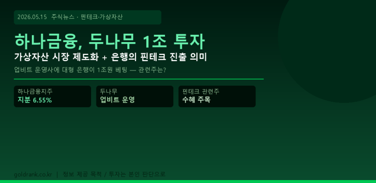 하나금융 두나무 1조 지분 투자 가상자산 업비트 핀테크 은행주 2026년 5월
