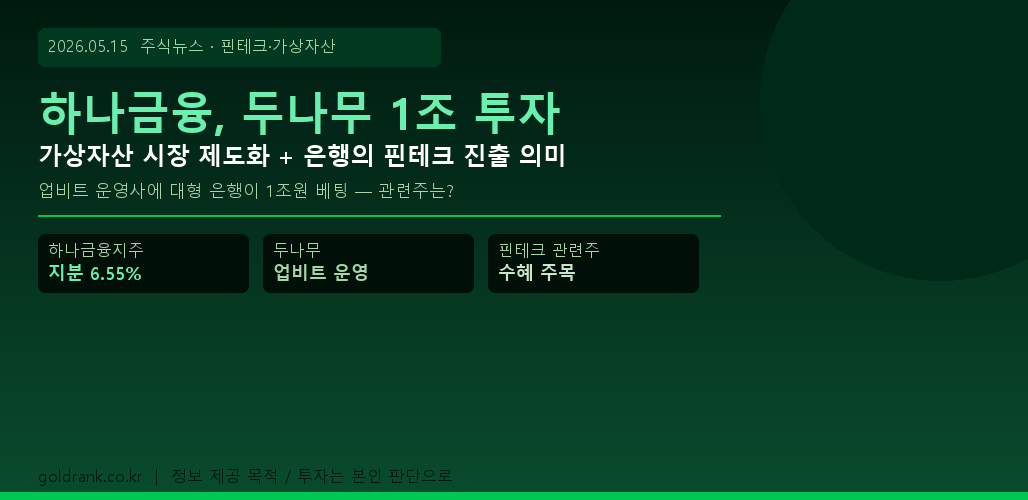하나금융 두나무 1조 지분 투자 가상자산 업비트 핀테크 은행주 2026년 5월