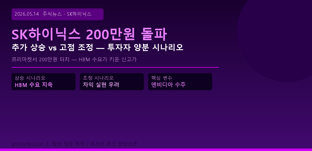 SK하이닉스 200만원 돌파 주식뉴스 HBM 반도체 추가 상승 고점 조정 비교 2026년 5월