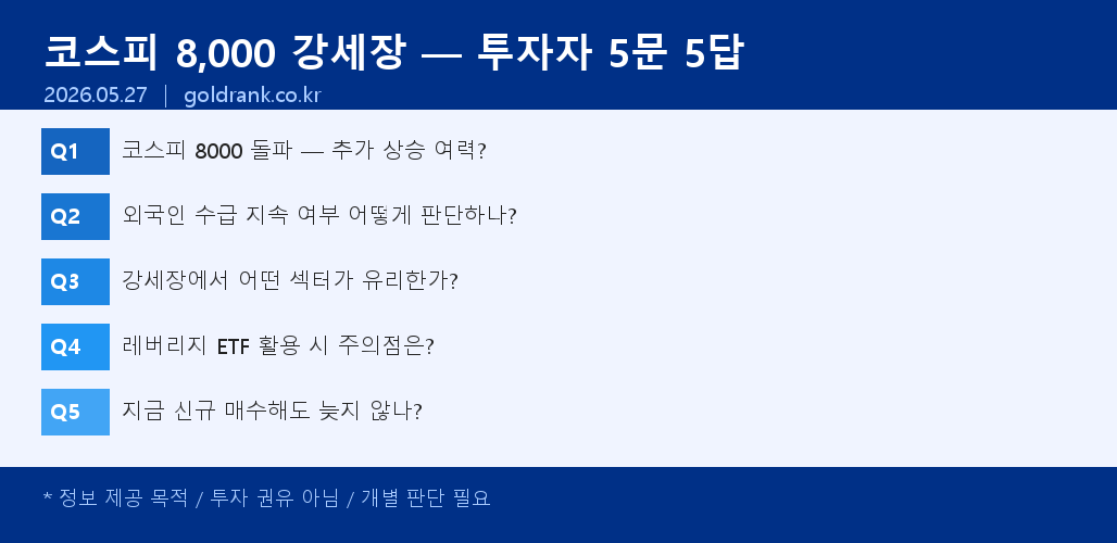 코스피 8,000 강세장 — 투자자 5문 5답 외국인 수급·섹터 전략·레버리지 ETF 주의점