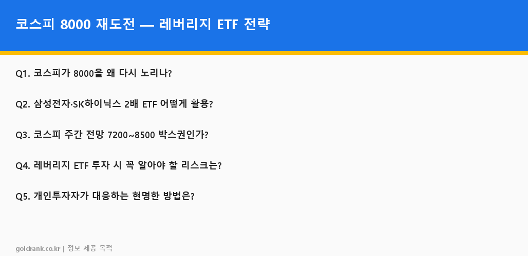 코스피 8000 돌파 재도전 레버리지 ETF 삼성전자 SK하이닉스 주간 증시 전망