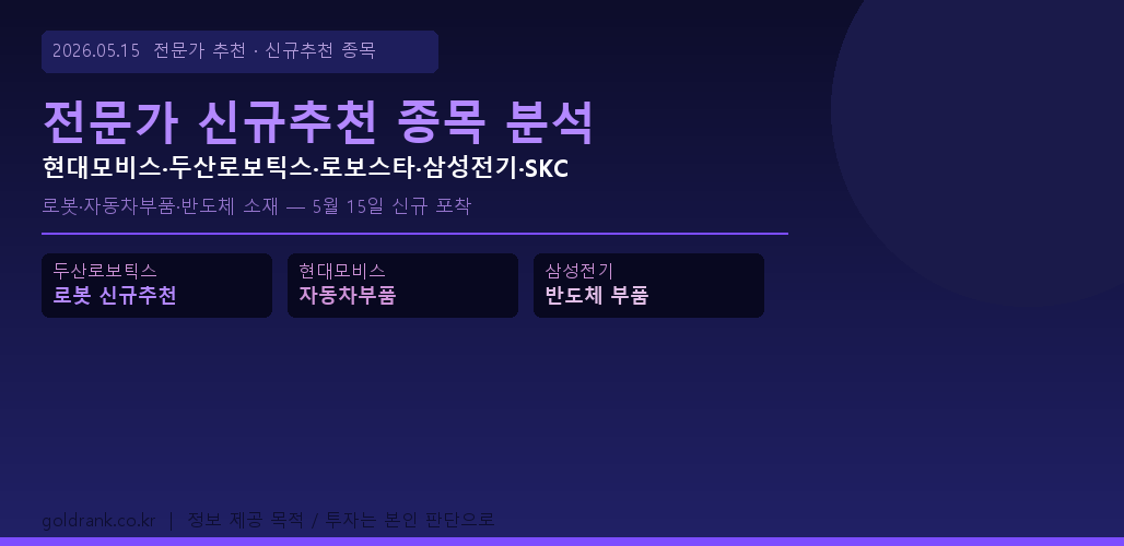 전문가 신규추천 종목 두산로보틱스 현대모비스 삼성전기 로봇 자동차부품 2026년 5월 15일
