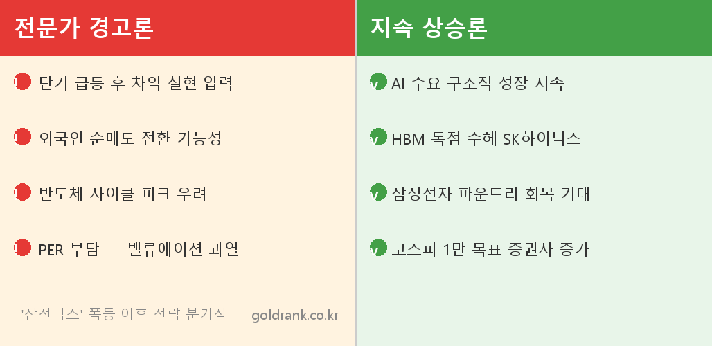 '삼전닉스' 급등 이후 전문가 의견 분열 — 추가 상승 vs 차익 실현 경고 1 삼성전자 SK하이닉스 급등 전문가 경고 추가 상승 비교 분석