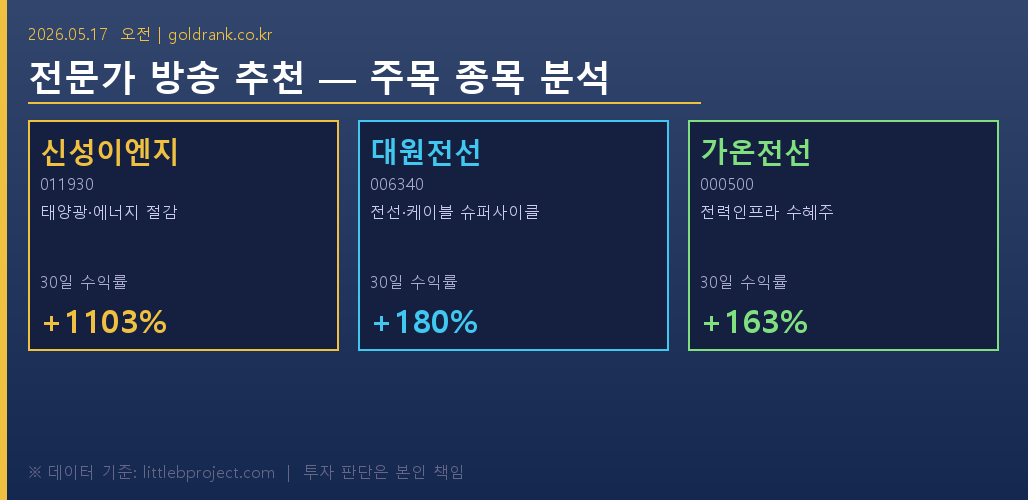 전문가 방송 추천종목 신성이엔지 대원전선 가온전선 2026년 5월 분석